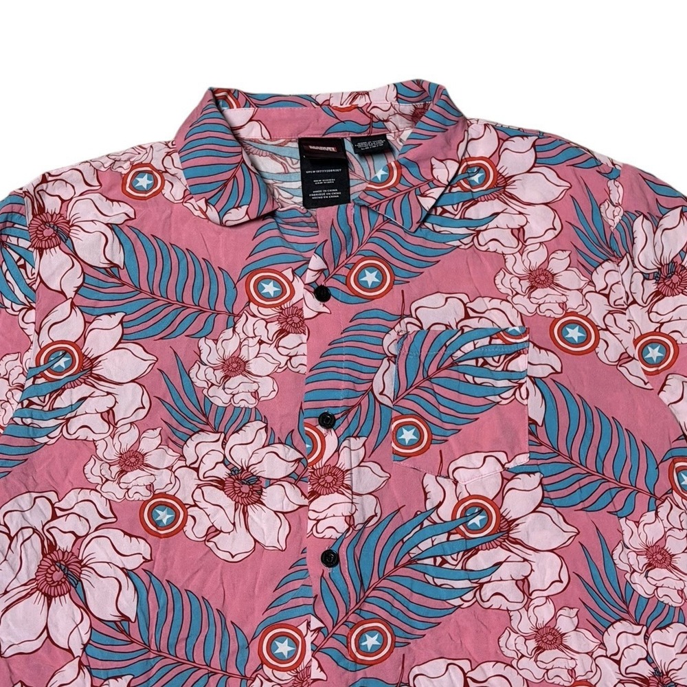 MARVEL Captain America Pink Hawaiian Shirt Men's Button Up Short Sleeve‎ Large - Picture 2 of 8